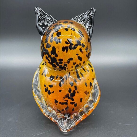 Art Glass Owl Paperweight Handmade Bird Black Orange Big Eyes Kitschy Woodland - Picture 3 of 9